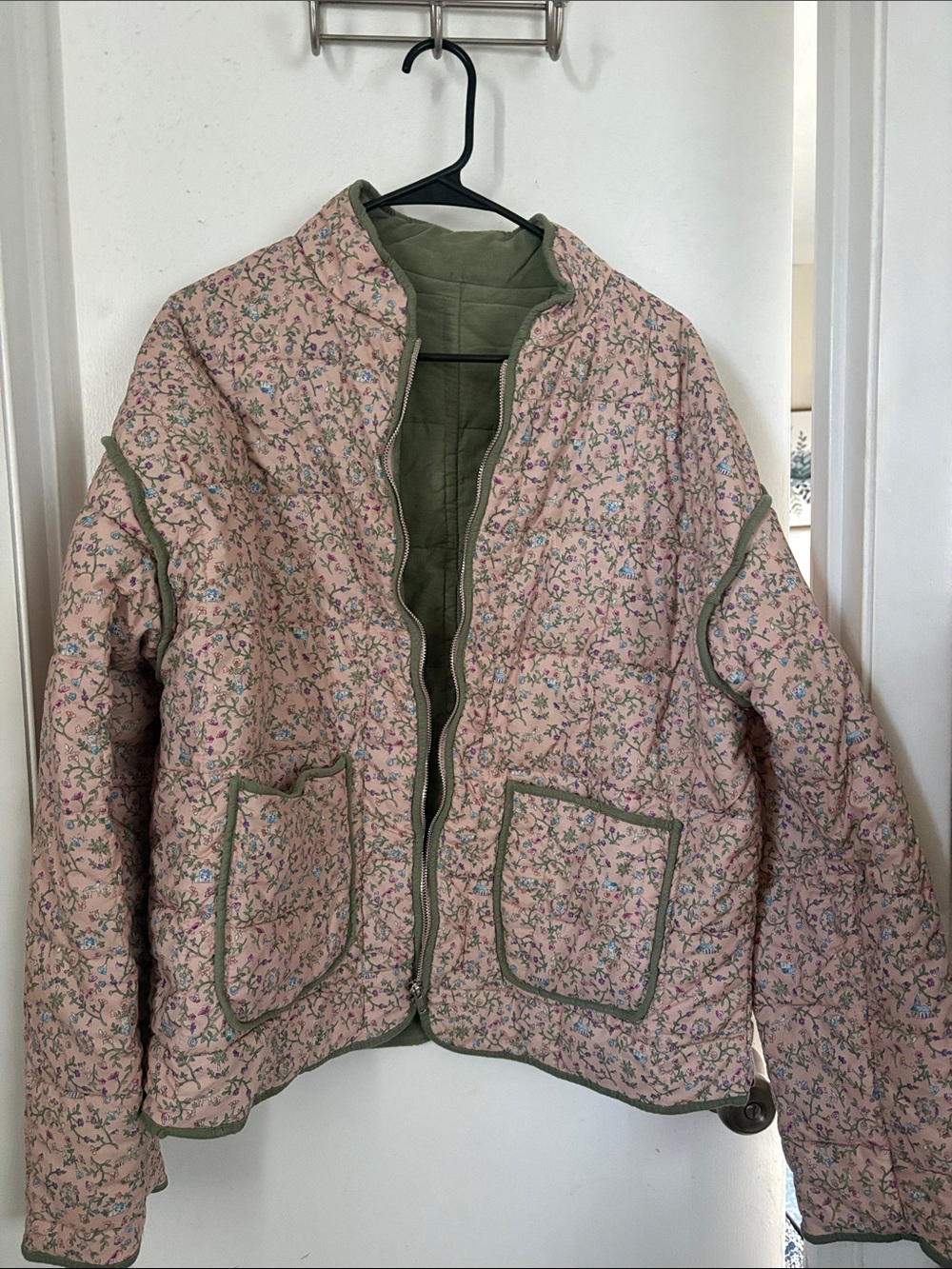 Reversible Quilted Teddy Jacket in Pink Floral with Olive Trim